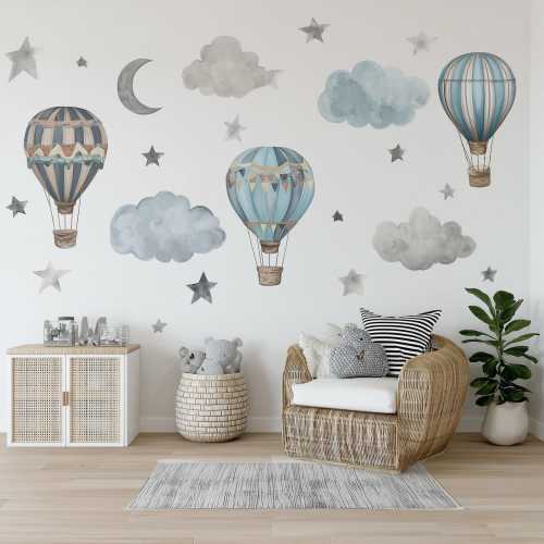 Vintage Hot Air Balloon Wall Decals | Watercolor Cloud & Star Nursery Stickers | Blue Baby Room Decor | Removable Vinyl Wall Art Boys Room