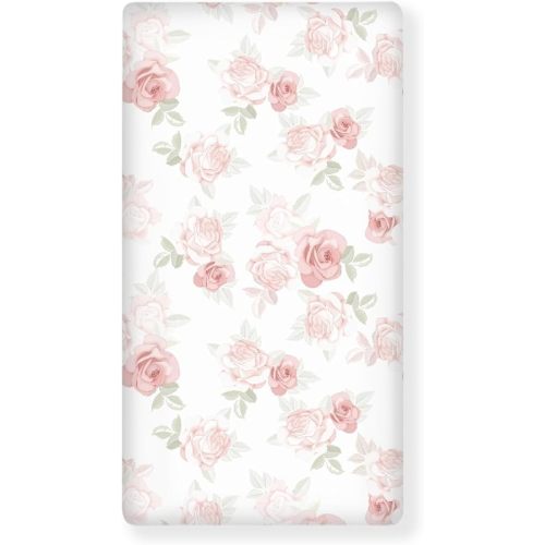 Pink Roses Fitted Crib Sheet for Boys Girls Beautiful Flower Leaves Baby Sheet for Standard Crib and Toddler Beauty Floral Nursery Bed Mattress Sheets 28"x52"