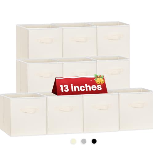 Criusia Large Storage Cubes, 13 Inch Cube Storage Bins for Shelves Closet Nursery Bedroom - 10 Pack Collapsible Storage Baskets with Handles - Fabric Bins for Organizing Clothes Blanket Toys (Beige)