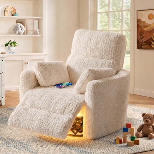 JULY'S SONG Power Swivel Nursery Rocking Chair, Fluffy Plush Rocker Recliner w/ 2 Pillows, USB and Type-C Ports, Large Nursery Chair with Night Light, White