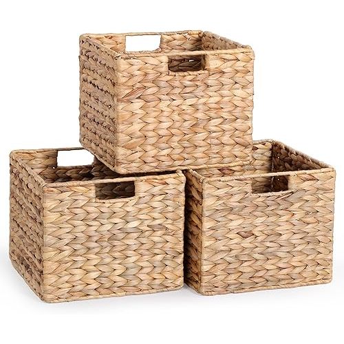12x12x10 Water Hyacinth Storage Basket Large, Folding Cube Woven Wicker Storage Basket for Shelves, Pantry Baskets Organization and Storage, Kitchen Storage Baskets, Large Rattan Basket Set of 3