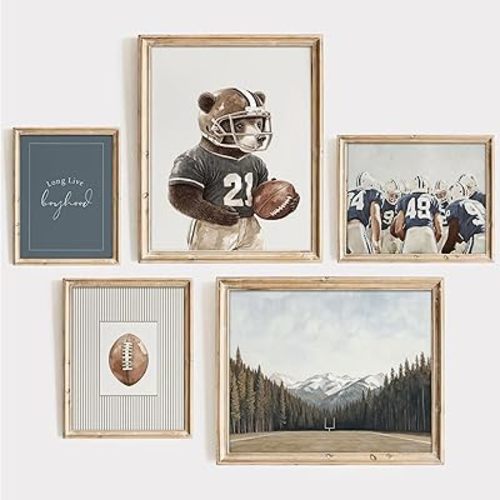 SYZPIKU 5Pcs Vintage Sports Nursery Wall Art Football Sports Wall Decor Teddy Bear Team Field Posters Vintage Boys Room Pictures for Teen Room Home Decor Unframed