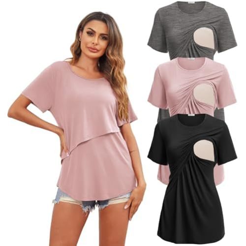 Ekouaer Women's Maternity Shirts Short Sleeves Nursing Tops 3 Pack Double Laye Breastfeeding Tees Pregnancy Clothes S-XXL