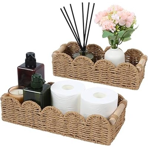 Paper Rope Storage Basket Set of 2 with Wooden Handles - Scalloped Toilet Paper Organizer, Cute & Functional Home Decor for Bathroom or Living Room (Beige)