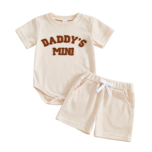 Kupretty Baby Boy Clothes 3 6 12 18 Months Summer Outfit Daddy's Mini Embroidery Waffle Short Sleeve Romper & Shorts Set