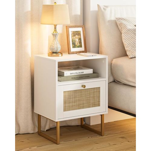 Rattan Nightstand, Boho Night Stand Farmhouse Wood Bedside Table with Storage and Open Shelf, End Side Accent Table for Bedroom,Living Room,White