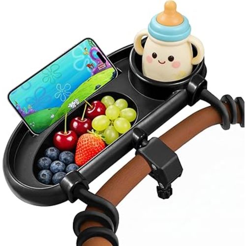 Universal Stroller Snack Tray with Cup Holder and Phone Holder, 3-in-1 Baby Stroller Tray with Secure Non-Slip Secure Clamp, Fits Most Strollers & Wagons, Toddler Snacking On The Go