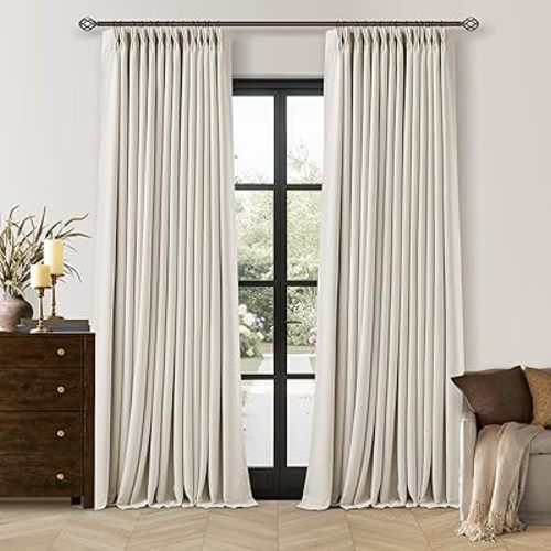 90 Inch Pinch Pleated Blackout Linen Curtains for Bedroom 2 Panels Memory Trained 100% Black Out Soundproof Room Darkening Natural Cream Ivory Birch Window Curtains Double Layer Pinch Pleat Drapes