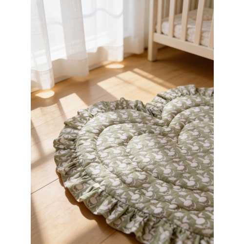 Heart Shaped Baby Play Mat, Vintage Khaki Floral Ruffle, Padded Cotton