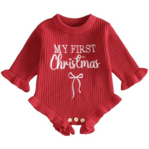 MoZiKQin My First Christmas Baby Girl Outfit Newborn Knit Sweater Romper