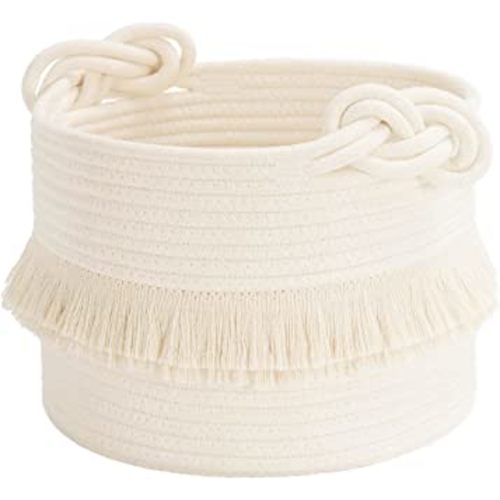 CherryNow Small Woven Storage Baskets, 9.5'' x 7'' inches Cotton Rope Decorative Hamper for Diaper, Blankets, Magazine and Keys, Cute Tassel Nursery Decor - Home Storage Container, Off-white