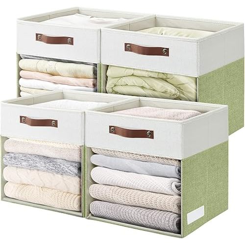 Storage Cubes, 4 Pack Linen Foldable Storage Bins (13 x 13 inch) with Clear Window and Handles, Fabric Organizer for Shelf Closet, Clothes, Books - (Green and White)