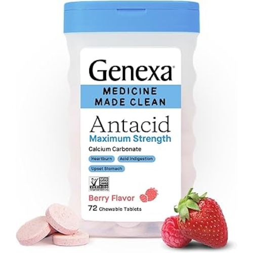 Genexa Clean Antacid Maximum Strength Chewable Tablets, Dye Free, 0% Artificial Additives, Calcium Carbonate Relief for Heartburn, Acid Indigestion, & Upset Stomach, Organic Berry Flavor, 72 ct
