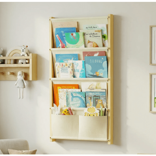 4-Tier Wooden Wall Mounted Kids Bookshelf. Child Montessori Floating Bookcase For Nursery & Classroom, Hanging Bookcase Organizer, Kids Rooms, Toddler Book Shelf, Montessori Book Rack, Nursery Shelves, Wood Color