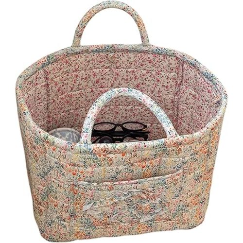 Boho Fabric Storage Basket Quilted Floral Print Baskets Organizer Bin with Handles for Home, Picnic, Shopping (Blue, L)