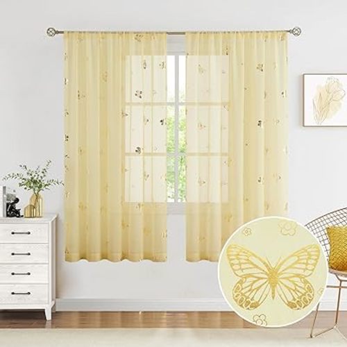 Jubilantex Yellow Butterfly Sheer Curtain Panels for Kids Nursery Bedroom, Baby Girls Toddler Gold Print Linen Textured Rod Pocket Voile Drapes 63 Inch Long for Living Room,2 Panels