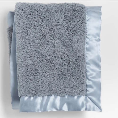 Blue-Grey Satin Trim Plush Baby Stroller Blanket