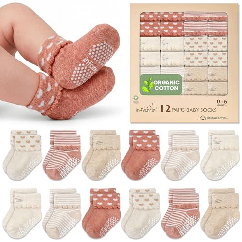 Organic Cotton GOTS Certified Infant Socks 12 Pair - 0-6 Months – Soft and Comfortable Infant Socks 0-6 Months, Premium Boys Cotton Socks, Gift for Newborn Boys