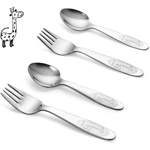 4 Piece Stainless Steel Toddler Forks and Spoons with Smooth Rounded Edges | Self-Feeding Toddle Utensil Set for Babies 1+ Year Old | Dishwasher Safe Baby Silverware Set