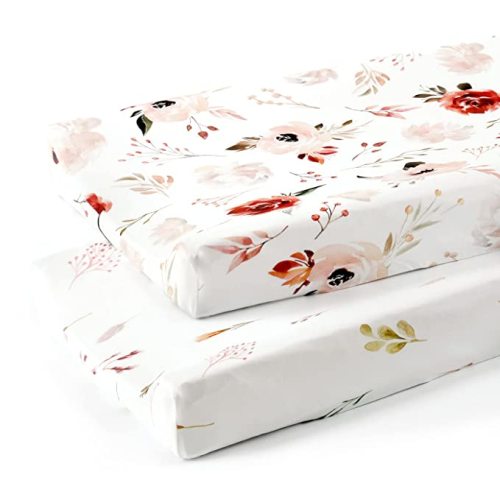 GRSSDER Stretch Ultra Soft Jersey Knit Changing Pad Cover Set 2 Pack, Change Table Pad Covers Fit 32"/34" x 16" Pads Safe and Snug, Pretty Watercolor Rose Flora for Baby Girls, Orange Pink