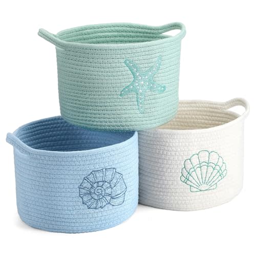 Vesici 3 Pcs Coastal Seashell Starfish Woven Baskets Small Blue White Green | Beach Cotton Rope Storage Basket 9.7'' x 7.1'' Laundry Organizer with Handles for Toys Clothes Organization Nursery Bedroom