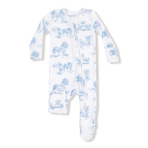 Ribbed 2-Way Zip Footie, Farm Toile Blue