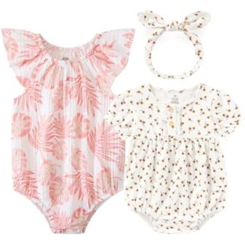 Baby Girl Bodysuit Infant Short Sleeve Romper and Headband Set Cotton Newborn Baby Clothes Outfit