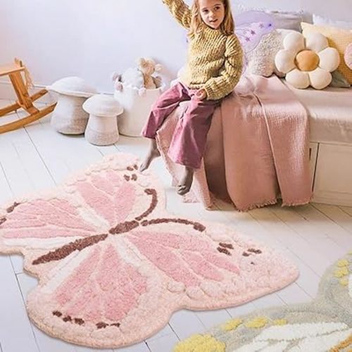 Butterfly Kids Rug for Girls Bedroom, Colorful Washable Nursery Rugs, Soft Area Rug Non Slip Play Mat Carpet for Playroom Kids Room, 35.4" x 47.2"-Light Pink