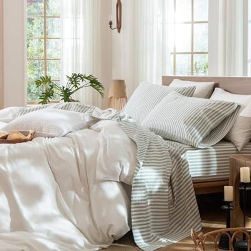 MooMee Striped Sheet Set 100% Washed Cotton Linen Like King
