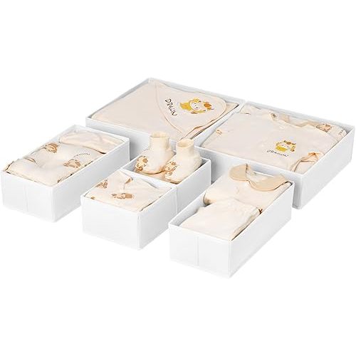 DIMJ Drawer Organizer Clothes, 6 Pack Fabric Drawer Organizer Bins, Foldable Baby Clothes Organizer & Dresser Organizer For Nursery, Clothes, Bedroom, Closet, Socks, Bra, Tie,White