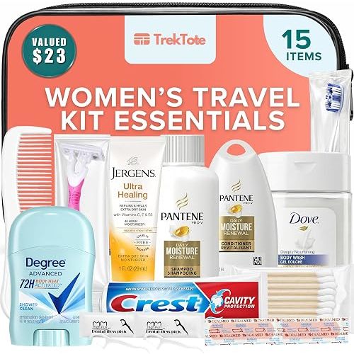 Stuhrling Bottle Trektote Toiletry Kit For Women, Featuring Top Brand Toiletries for Whole Body, TSA Compliant Travel Essentials with Shampoo, Conditioner, Lotion, Toiletry Bag & More, 15 Piece Set