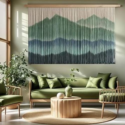 Sdjazl Woven Boho Macrame Wall Hanging Home Decor Tapestry Dip-Dyed Large Modern Handmade Colorful Mountain Landspace for Living room (green)
