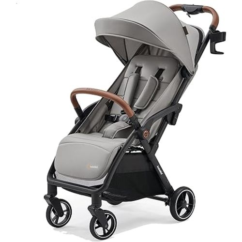 Baby Stroller, Auto-Fold Lightweight Travel Stroller for Airplane, Compact Toddler Pushchair with PU Leather Handle, Newborn to 50 lbs, Grey