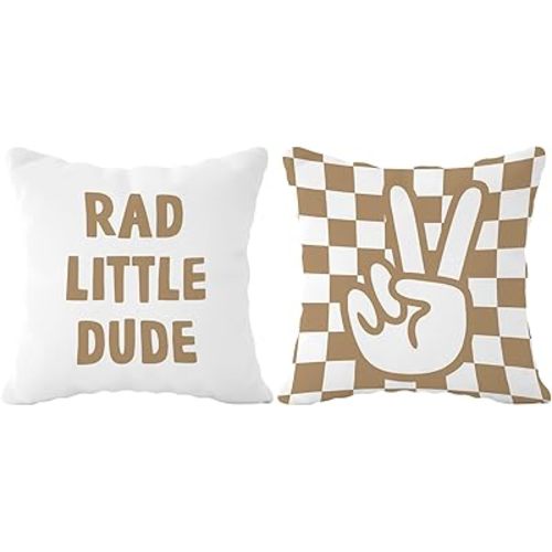 Brown Checkered Pillow Covers 18x18 Set of 2, Preppy Pillow Cases, Teen Toddler Room Boy Nursery Decor, Rad Little Dude Peace Sign Trendy Checkerboard Pillows Decorative Throw Pillows Cover