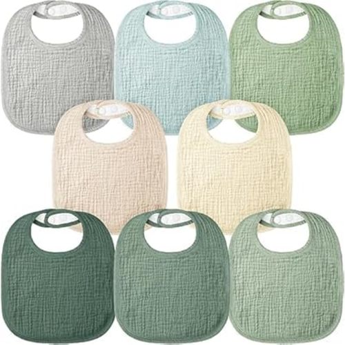 Bearmoss Muslin Baby Drooling Bibs 8 Pack, 100% Cotton Square Adjustable Bandana Bibs for Baby Girls Boys Teething Drool (Forest Moonlight)