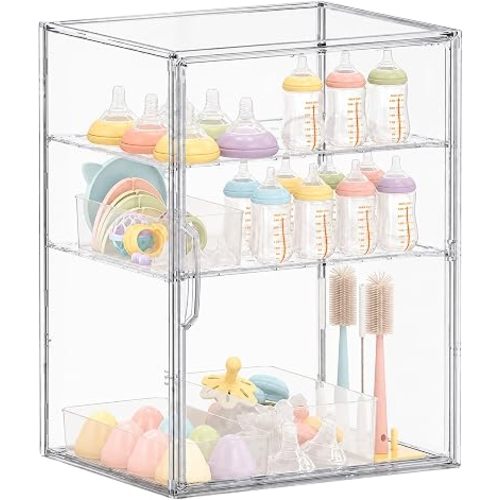 Bottle Storage Organizer Baby,3 Tiers Adjustable Clear Acrylic Bottles Storage Station Case Box with 2 Dividers,Clear Plastic Bottle Station Organizer Nipples, Pump Parts,Mom Gifts（Single Door）