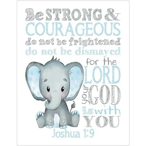 Watercolor Elephant Baby Blue and Gray Christian Nursery Decor Unframed Print - Be Strong and Courageous Joshua 1:9