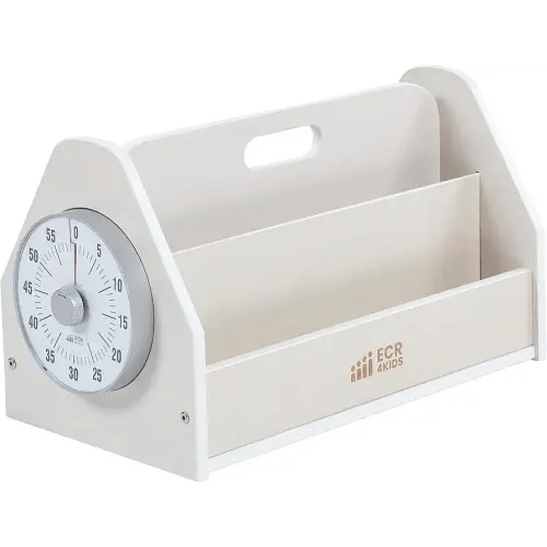 ECR4Kids Double-Sided Book Caddy with Countdown Timer, Portable Library, White Wash