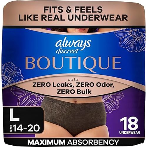 Always Discreet Boutique Incontinence and Postpartum Underwear for Women, Maximum Protection, Large, Black, 18 Count