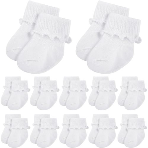 Toulite 12 Pairs Preemie Newborn Baby Ankle Socks Ruffle Turn Cuff Cotton Non-slip Warm Socks for Girls and Boys Infant (Simple Style,0-3 Months,White)