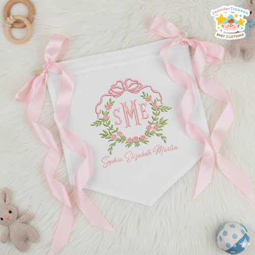 Embroidered Welcome Banner With Floral Crest, Hospital Door Sign, Newborn Birth Announcement, Pink Monogram Wall Hanging, Girl Room Decor