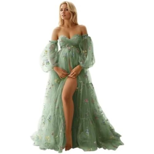 yinyyinhs Flower Embroidery Tulle Maternity Dresses for Photoshoot Long Puffy Sleeve Off Shoulder Pregnancy Baby Shower Dress