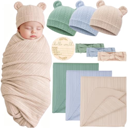 Newborn Receiving Blanket Wheat Ear Bear Ears Hat Mittens Set | 3 Sets Nursery Swaddle Wrap Toddler Swaddles for Newborns Baby Boy Girl, Receiving Blankets, Baby Swaddle Blanket