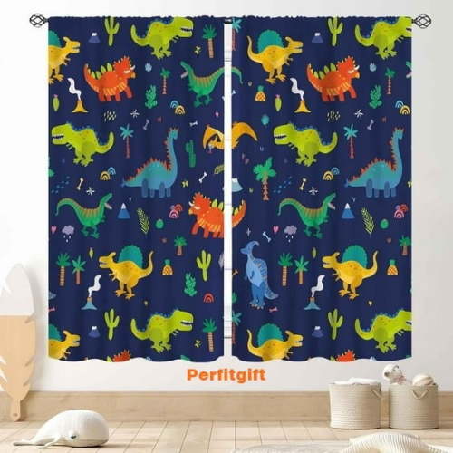 Dino Curtains for Boys Room, Kids Boys Cartoon Dinosaur Funny Colorful Safari Animals Blackout Window Drapery Treatments for Baby Kids Room Bedroom Living Room Nursery Fabric 2 Panels, 84"x63" Inch