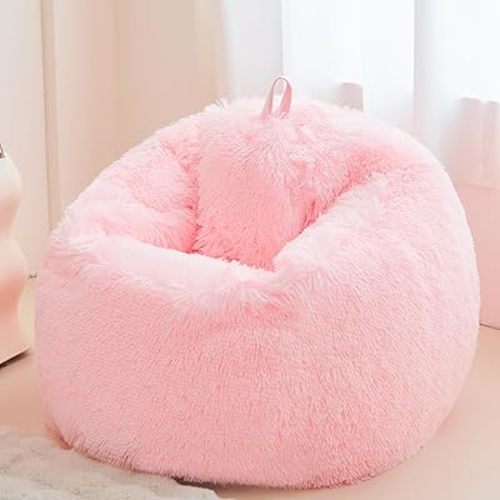 Fluffy soft pink bean bag chair cover, for Living Room (No Filler), plush faux fur Stuffed Animal Storage Big Gaming Bean Bag Chair Cover,Fuzzy Fuzzy Decor Home for girls, kids, teens, and adults