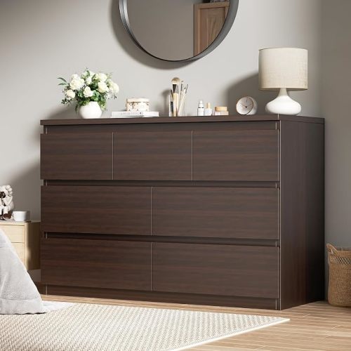 Brown 7 Drawer Dresser for Bedroom,Modern Wood Chest of Drawers,Closet Clothes Storage Organizer with Deep Drawers for Living Room Hallway Entryway,Nursery (15.3" D x 47.2" W x 32.3" H)