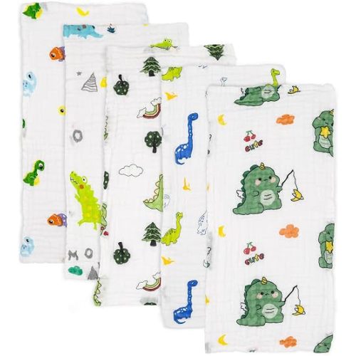 PENG'S M Baby Muslin Burp Cloths 5 Pack Dinosaur Burping Rags Super Soft Face Towel 100% Organic Cotton 20x10 Inches