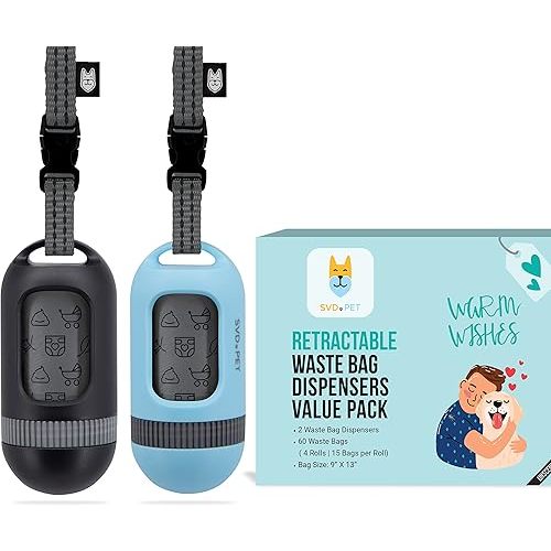 SVD.PET [2-Pack] Retractable Waste Bag Dispensers Gift Set, 2 Pet Waste Bag Holders with 60 large Waste Bags, Dog Walking Accessory Gift Value Pack (Black & Columbia Blue)
