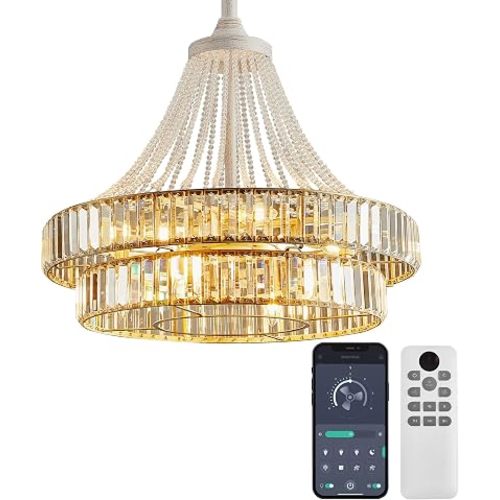 24“ Crystal Chandelier Ceiling Fan with Lights, (White Gold)