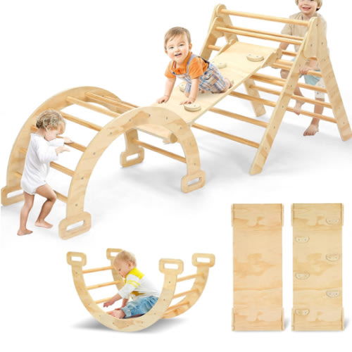 Pikler Triangle Set, Montessori Toddler Climbing Toys Indoor, 5 in 1 Wooden Foldable Climbing Set with Arch Ramp, Triangle Climber, Pikler Triangle Gym Inside for Kids 2-5,